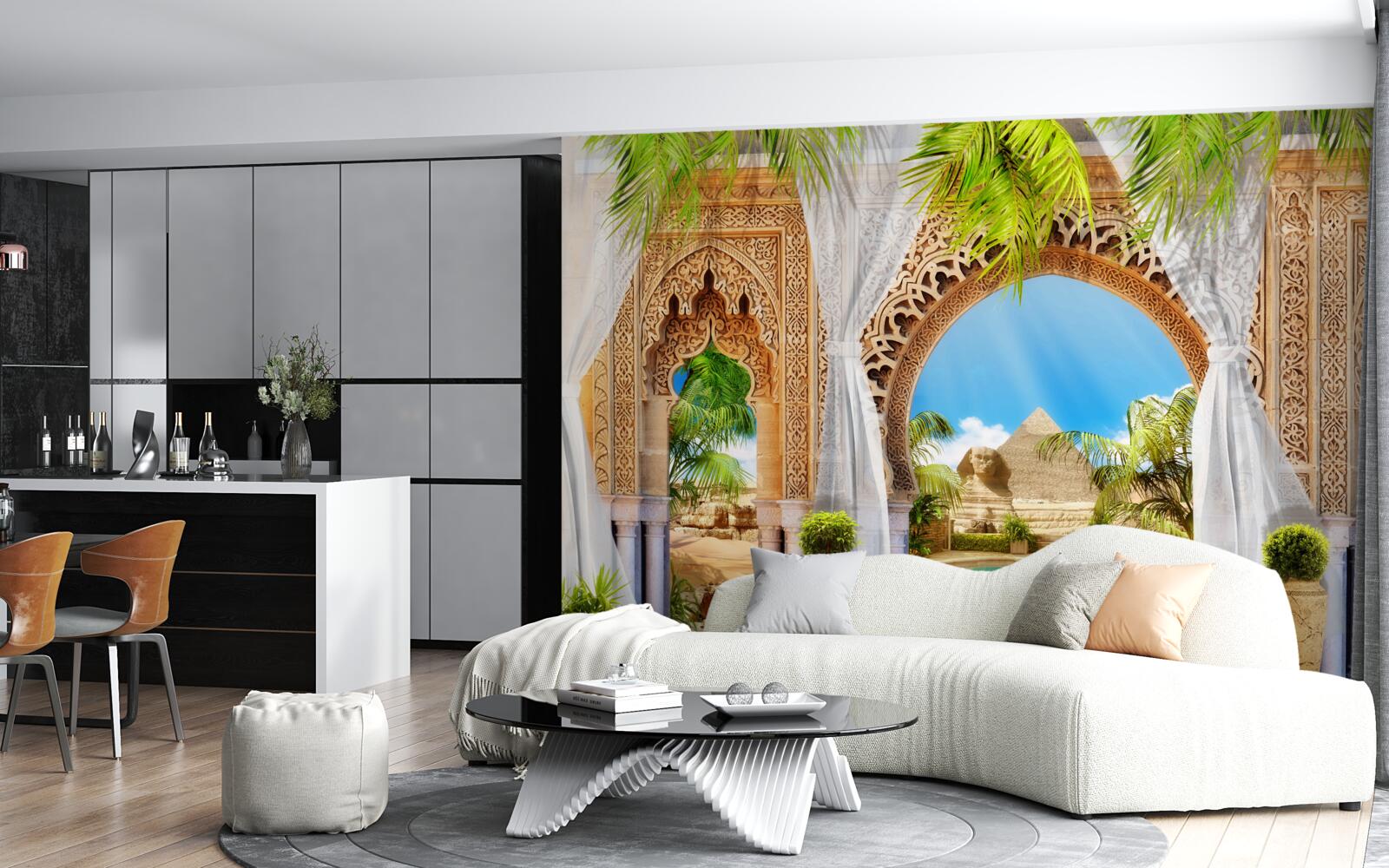 Papier peint arcs en plein cintre de style oriental avec une vue magnifique