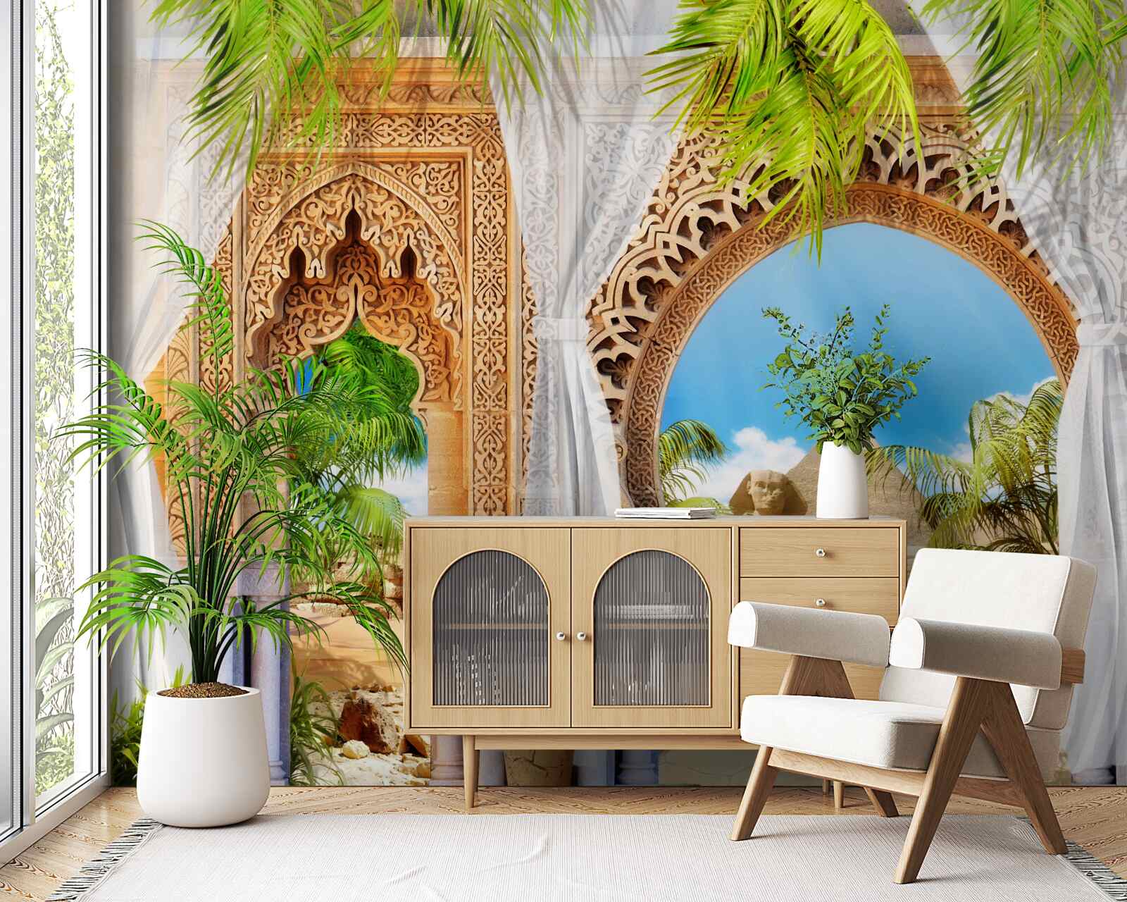 Papier peint arcs en plein cintre de style oriental avec une vue magnifique