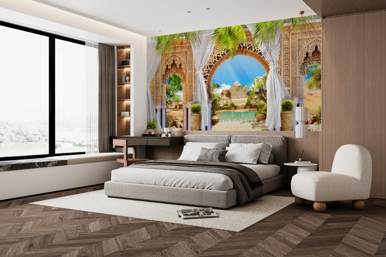 Papier peint arcs en plein cintre de style oriental avec une vue magnifique