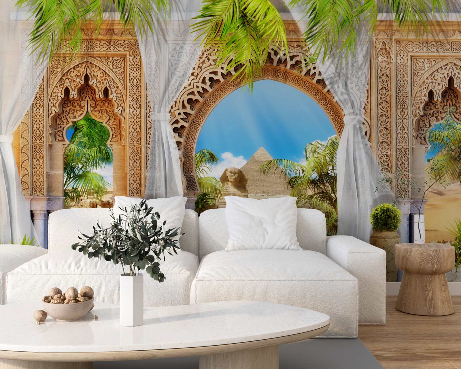 Papier peint arcs en plein cintre de style oriental avec une vue magnifique