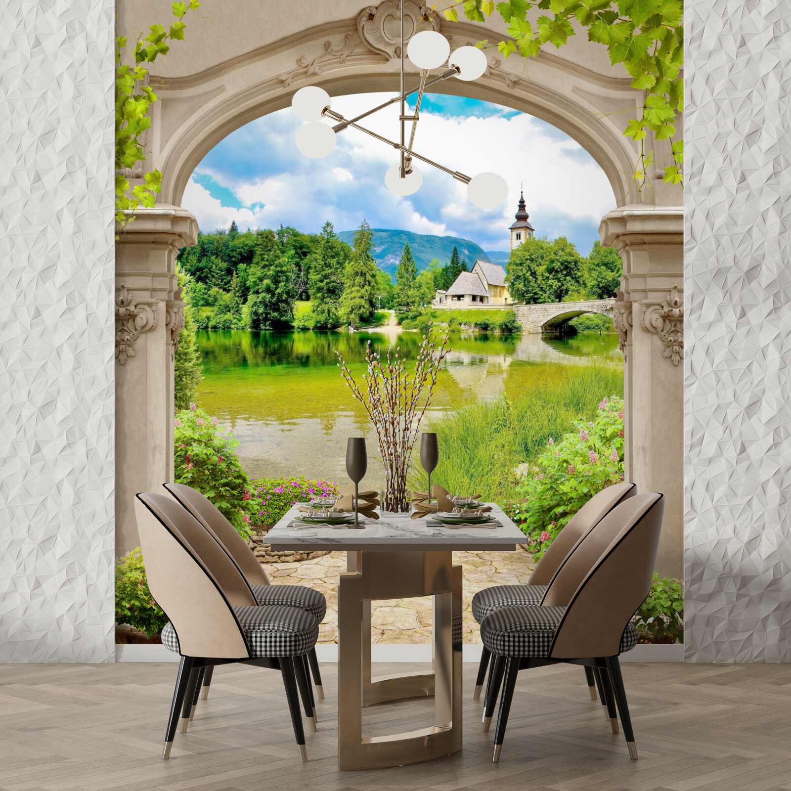 Papier peint arc de cercle menant à l'eau