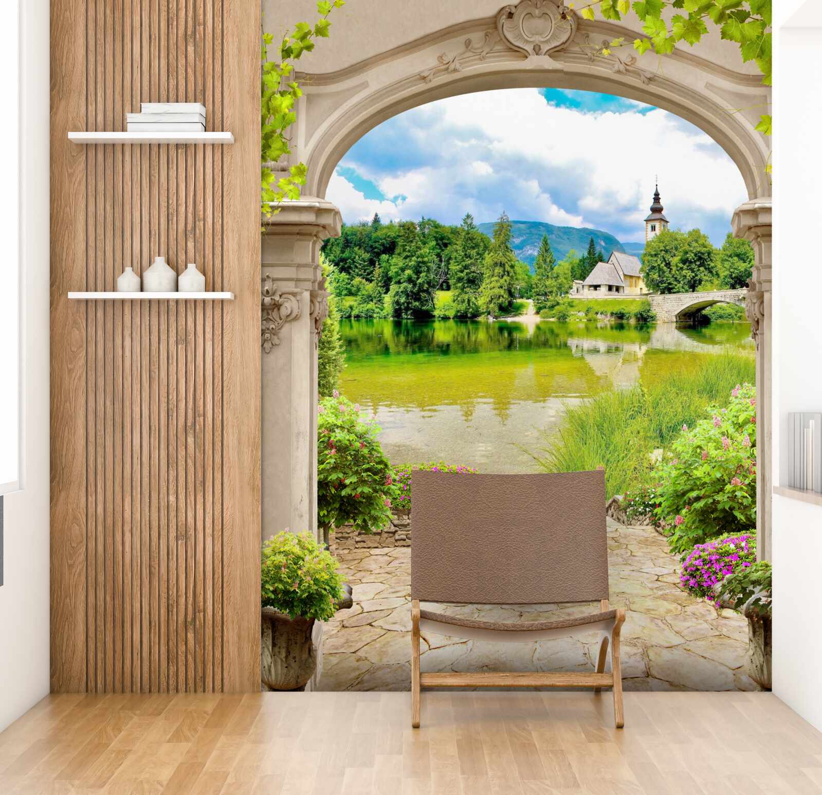 Papier peint arc de cercle menant à l'eau