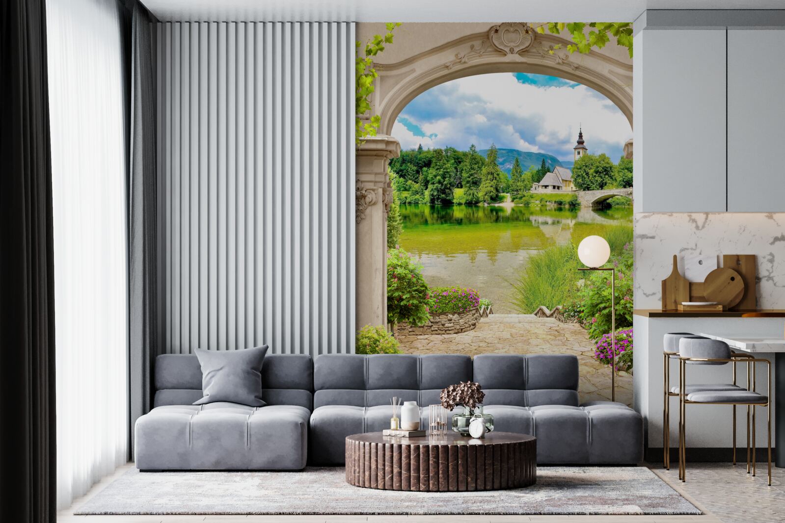 Papier peint arc de cercle menant à l'eau