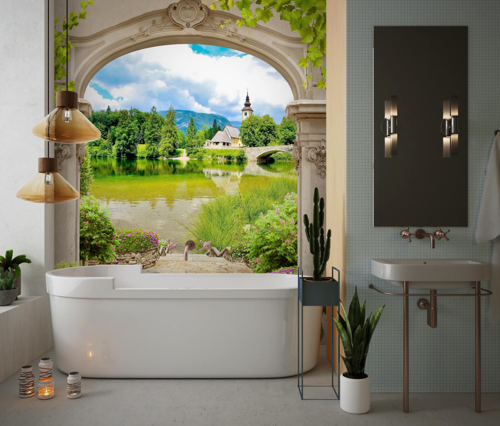 Papier peint arc de cercle menant à l'eau