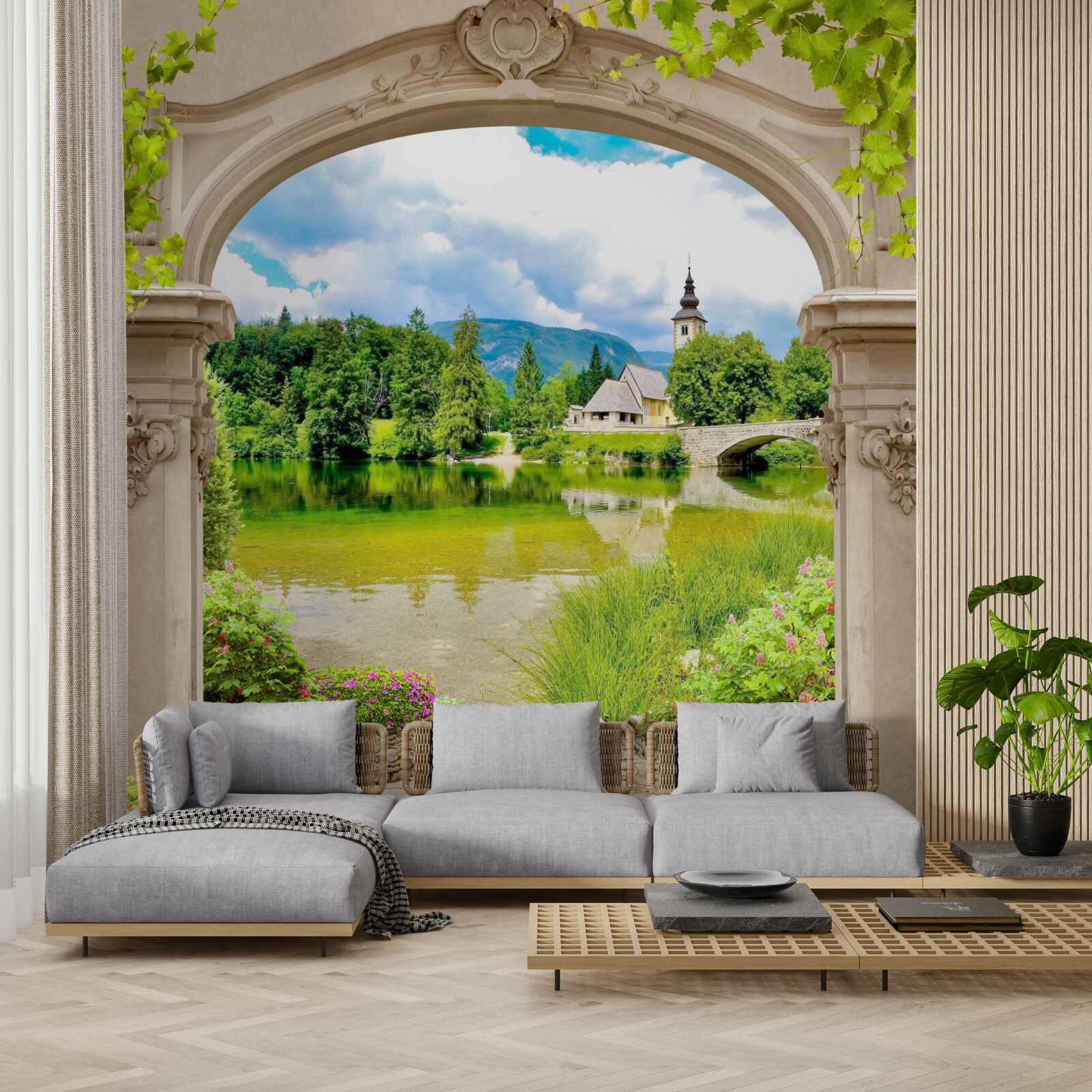 Papier peint arc de cercle menant à l'eau