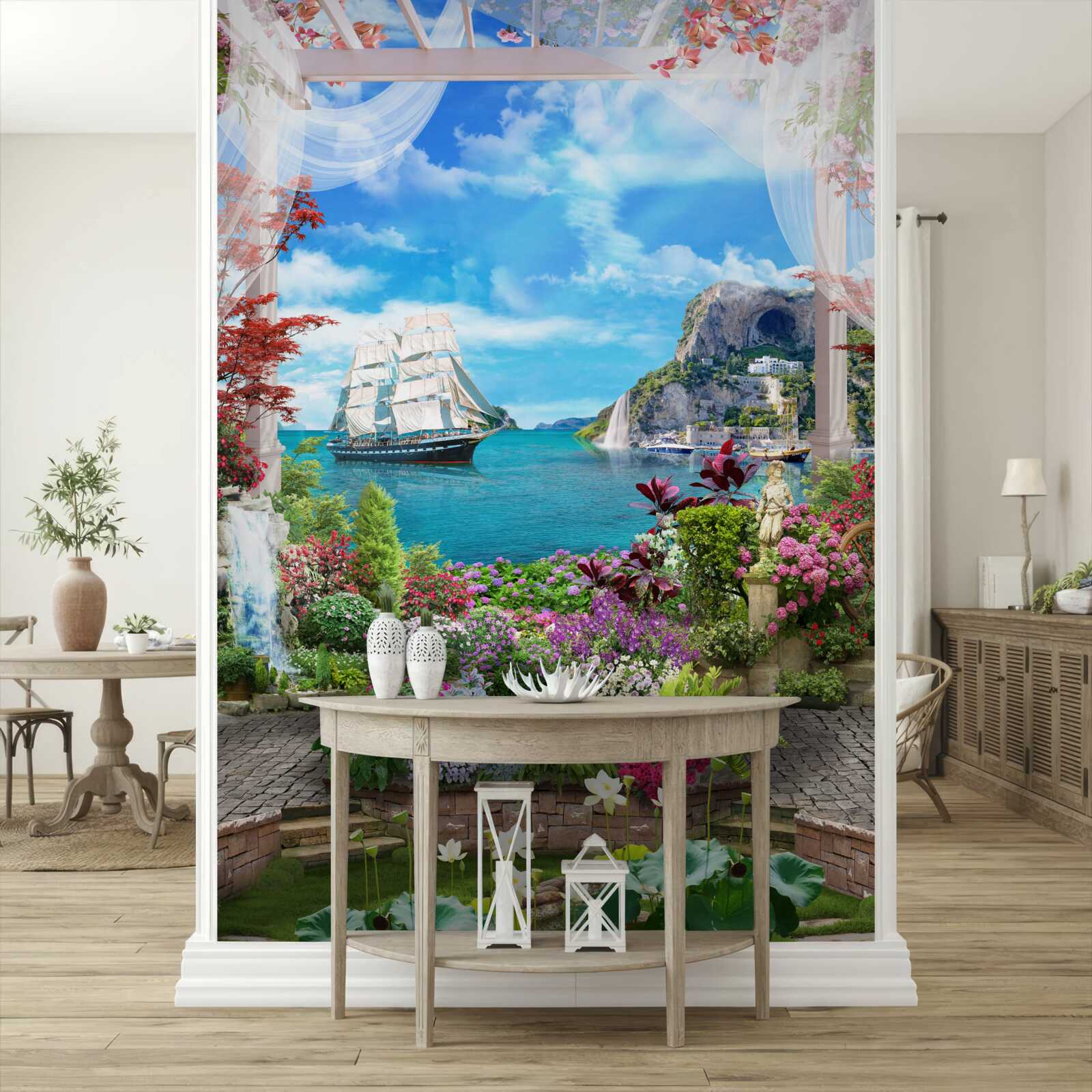 Papier peint depuis le balcon, on peut voir un voilier ancré dans le port