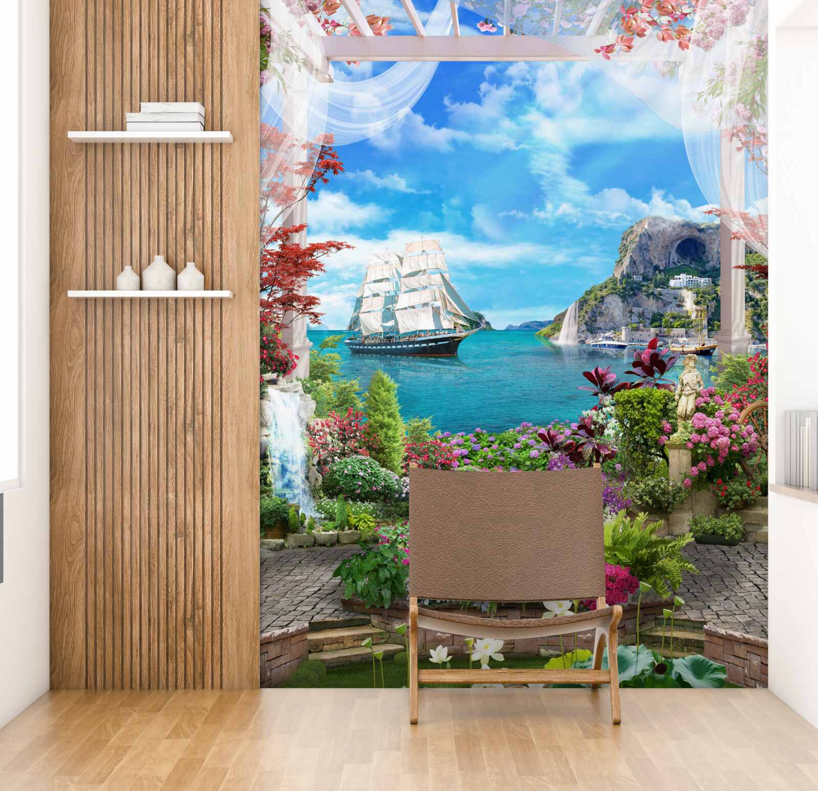 Papier peint depuis le balcon, on peut voir un voilier ancré dans le port