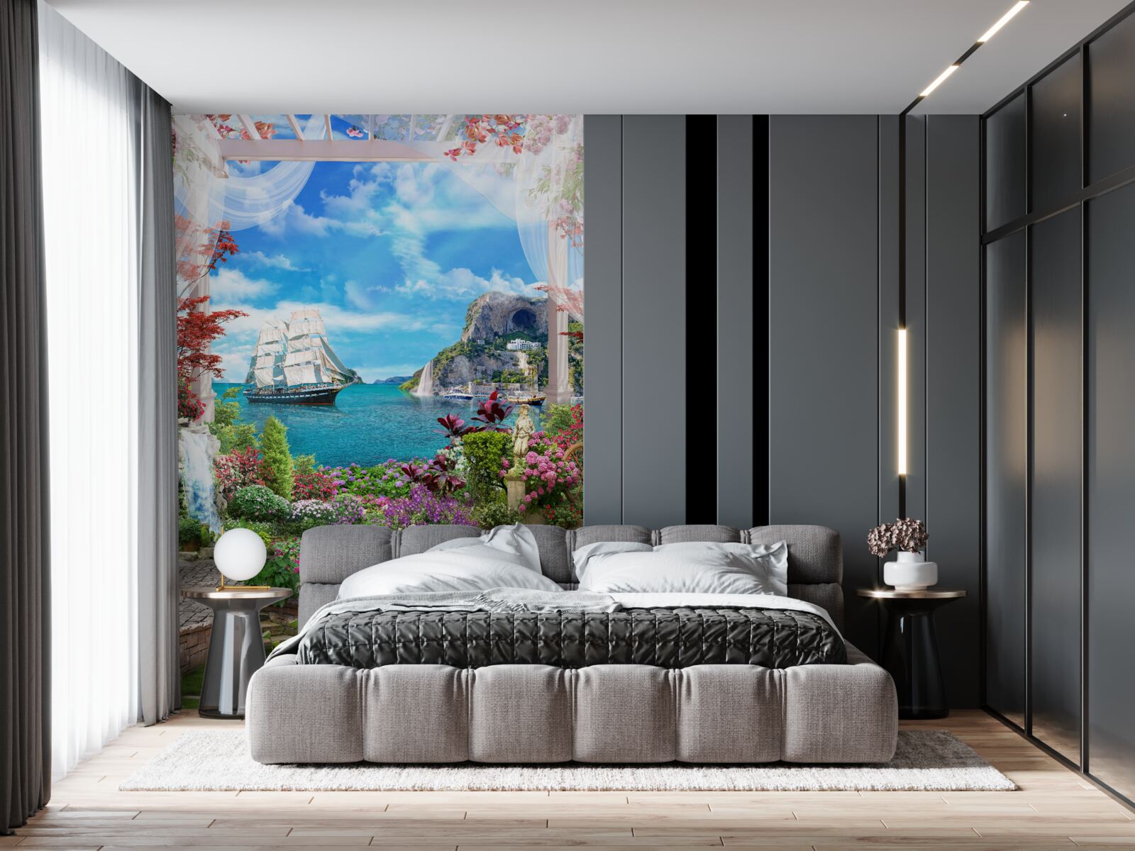 Papier peint depuis le balcon, on peut voir un voilier ancré dans le port