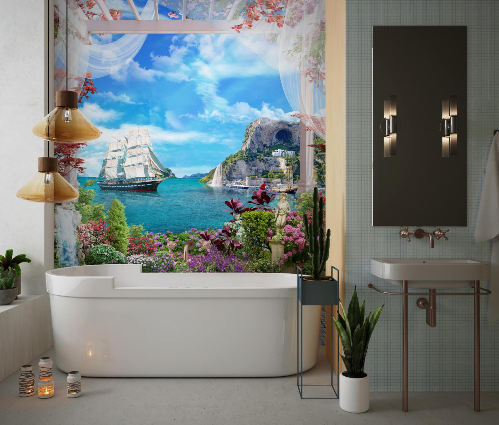 Papier peint depuis le balcon, on peut voir un voilier ancré dans le port