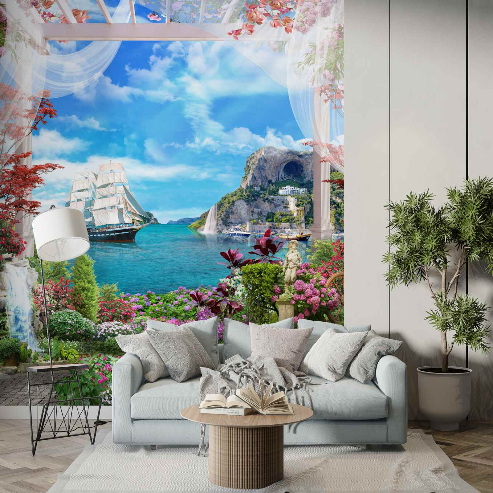 Papier peint depuis le balcon, on peut voir un voilier ancré dans le port