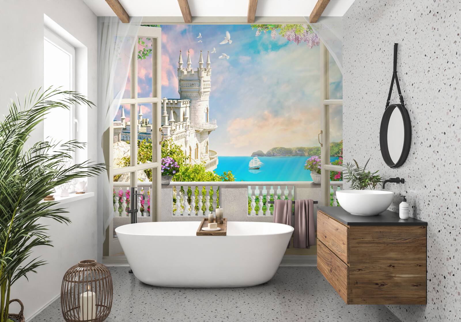 Papier peint terrasse près du château du nid d'hirondelle en bord de mer