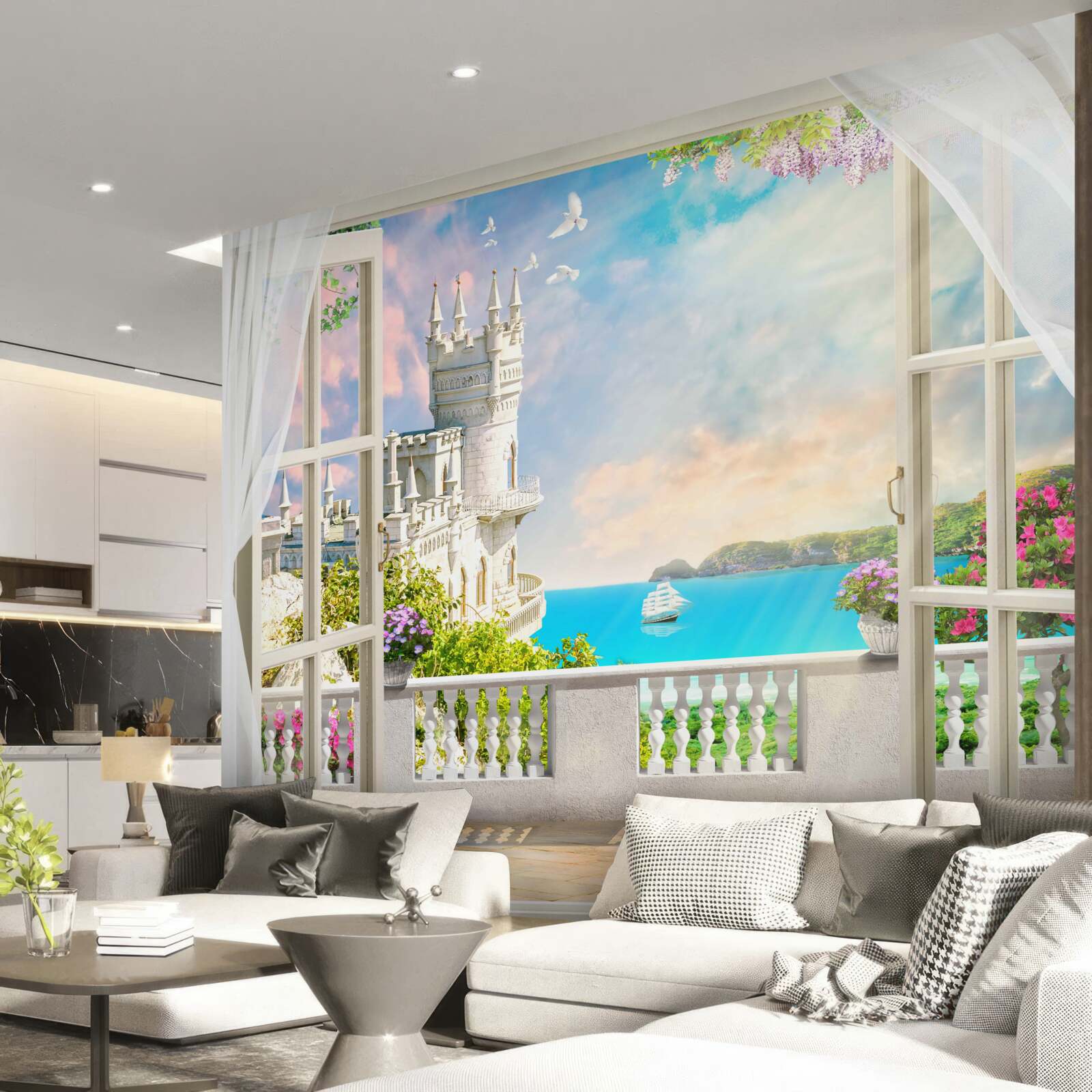 Papier peint terrasse près du château du nid d'hirondelle en bord de mer