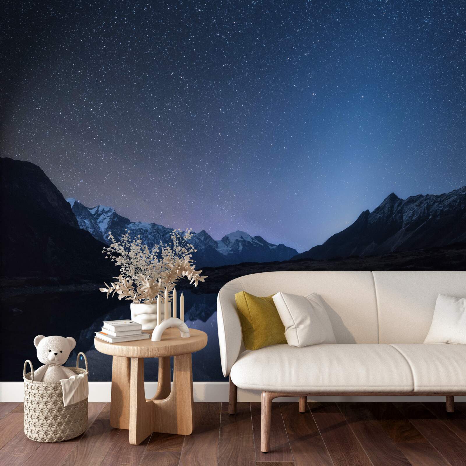 Papier peint ciel nocturne brillant plein d'étoiles dans les montagnes près de l'étang