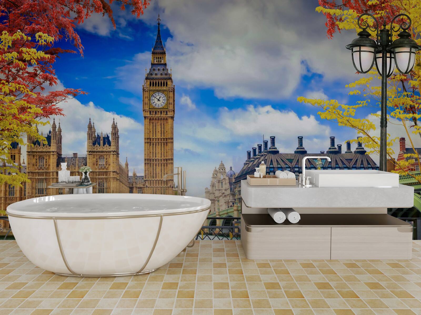 Papier peint pont d'automne reliant la thames et big ben