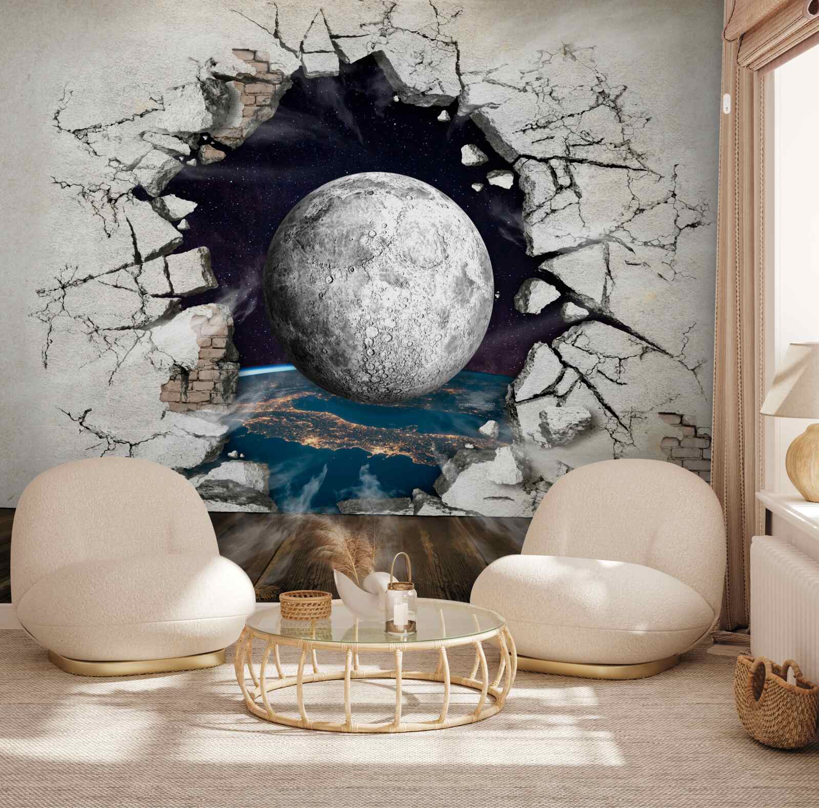 Papier peint mur blanc séparé par la lune