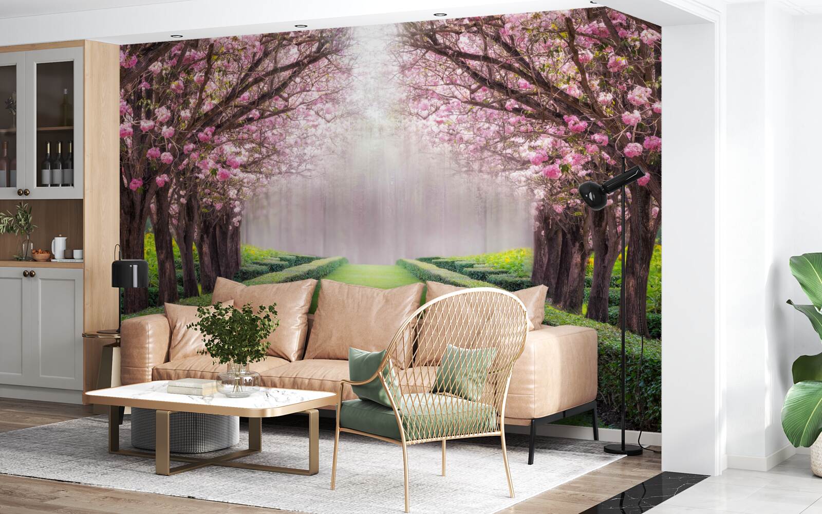 Papier peint Avenue soignée avec de la verdure et des cerisiers en fleurs