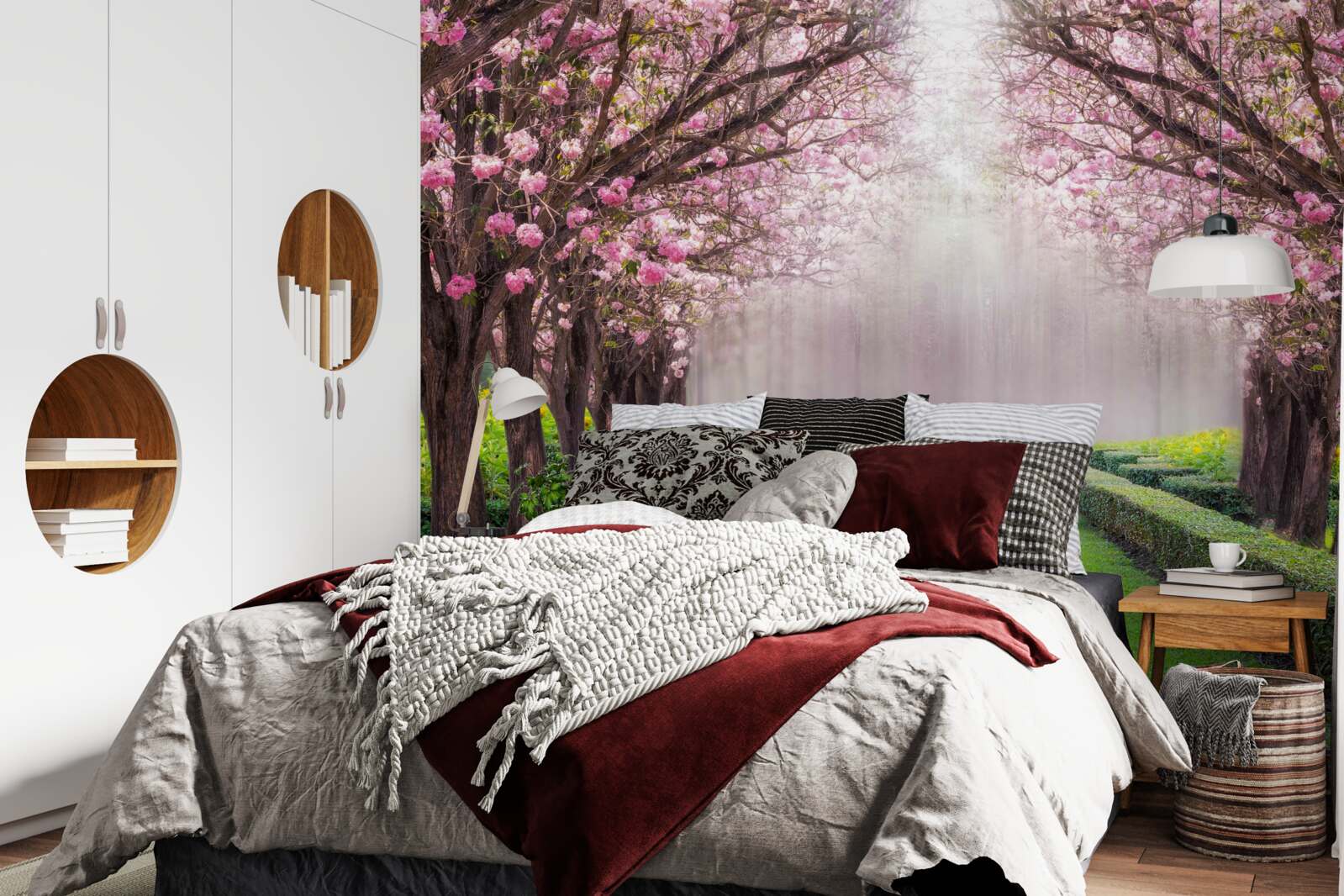 Papier peint Avenue soignée avec de la verdure et des cerisiers en fleurs