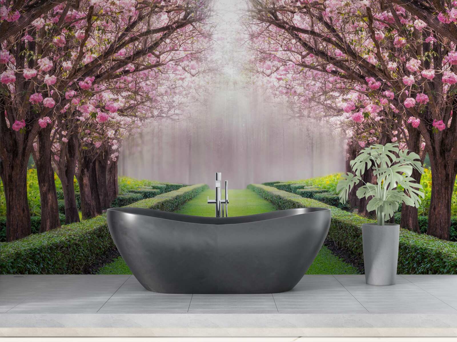 Papier peint Avenue soignée avec de la verdure et des cerisiers en fleurs