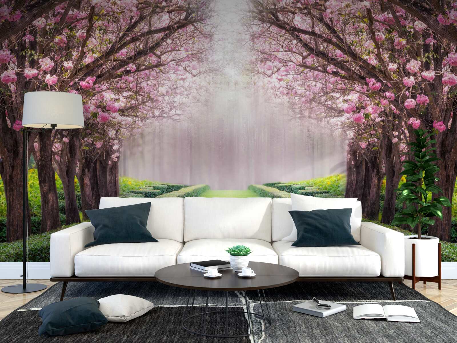 Papier peint Avenue soignée avec de la verdure et des cerisiers en fleurs