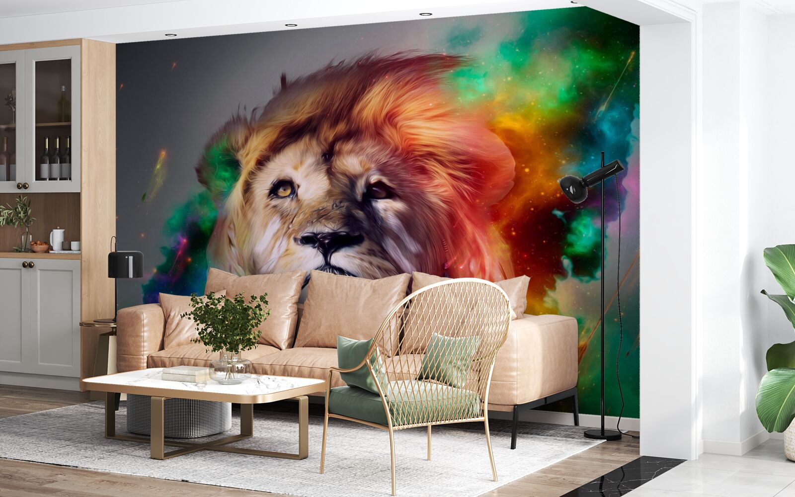 Papier peint abstrait avec un lion aux couleurs vives et sa crinière remarquable