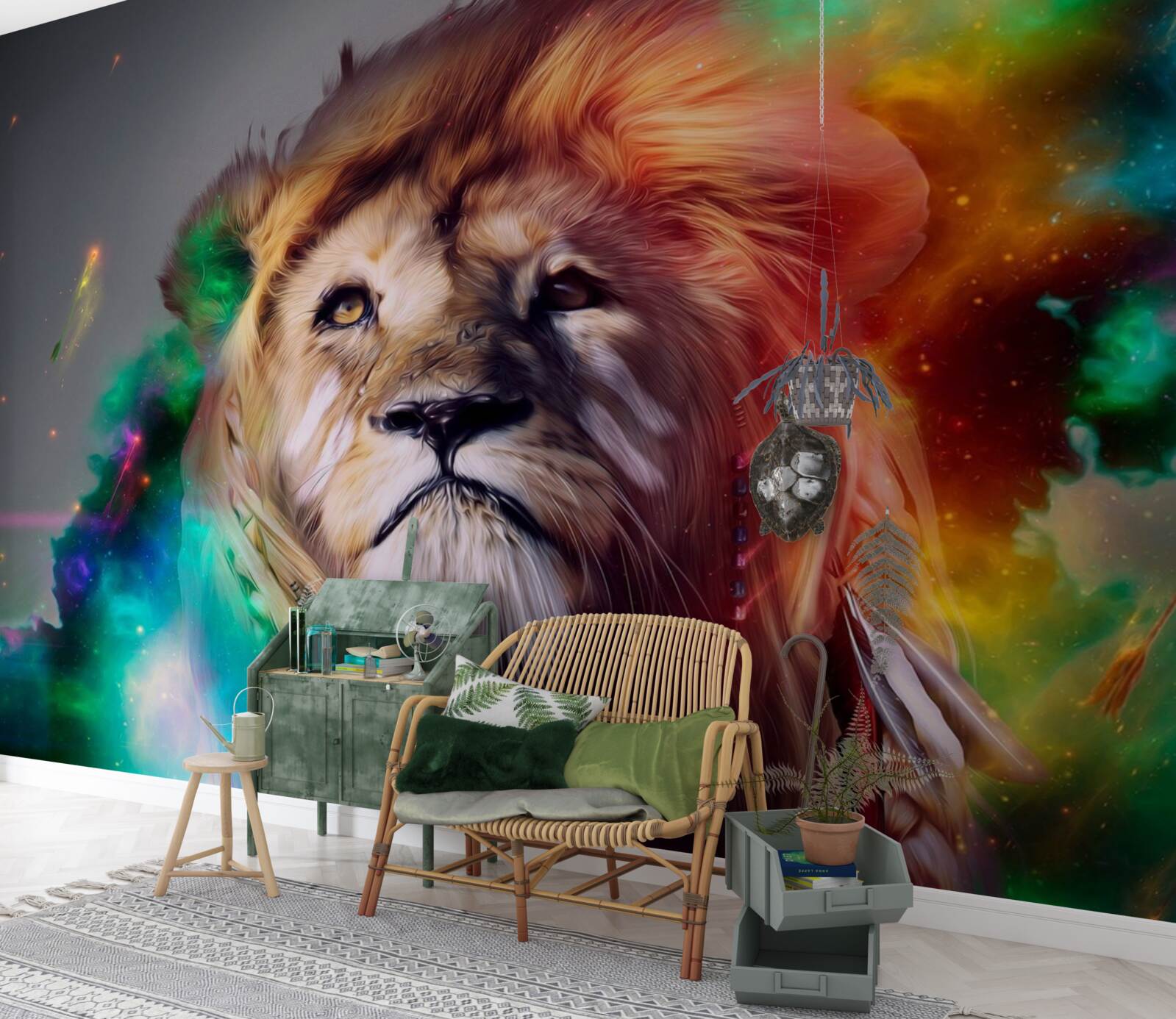 Papier peint abstrait avec un lion aux couleurs vives et sa crinière remarquable