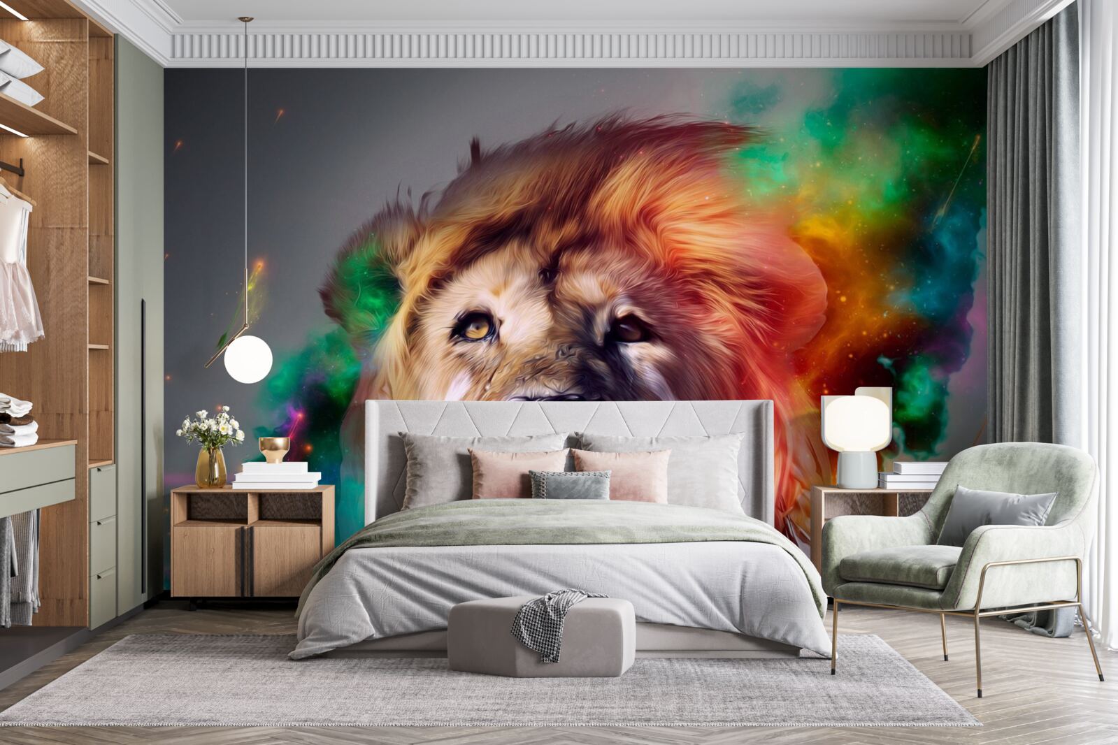Papier peint abstrait avec un lion aux couleurs vives et sa crinière remarquable
