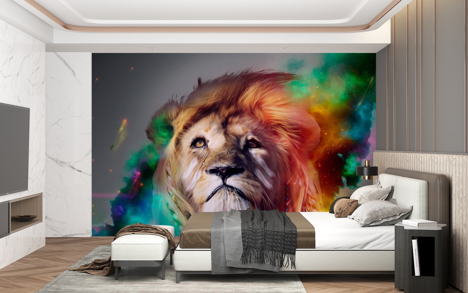 Papier peint abstrait avec un lion aux couleurs vives et sa crinière remarquable