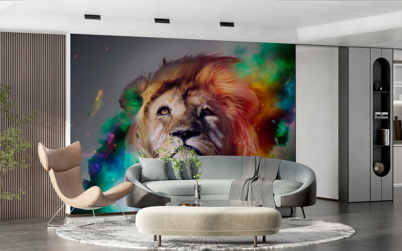 Papier peint abstrait avec un lion aux couleurs vives et sa crinière remarquable