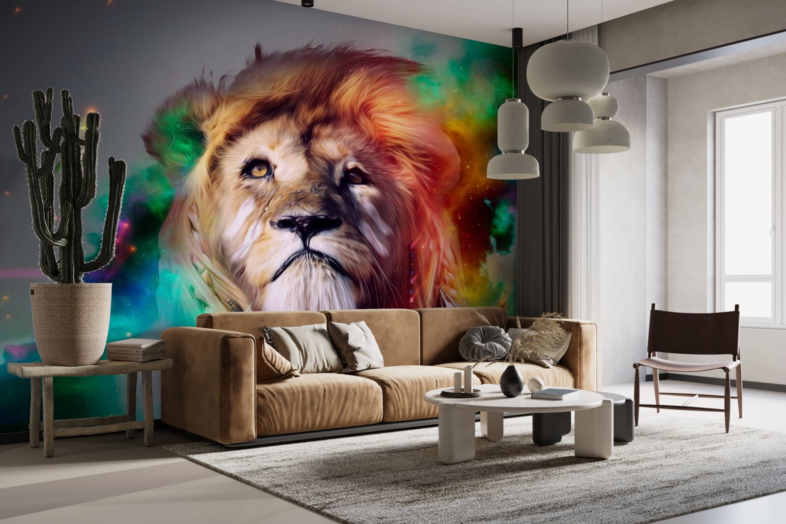 Papier peint abstrait avec un lion aux couleurs vives et sa crinière remarquable