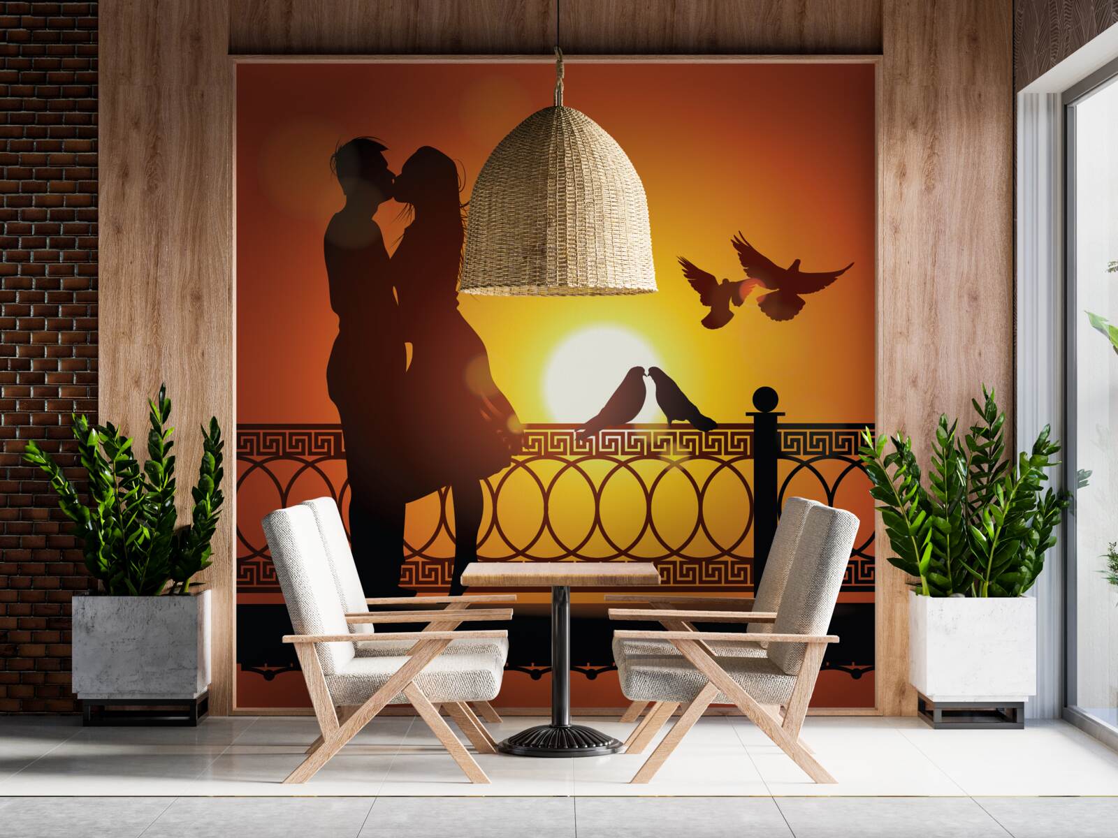 Papier peint les amoureux échangent des baisers sur fond de coucher de soleil