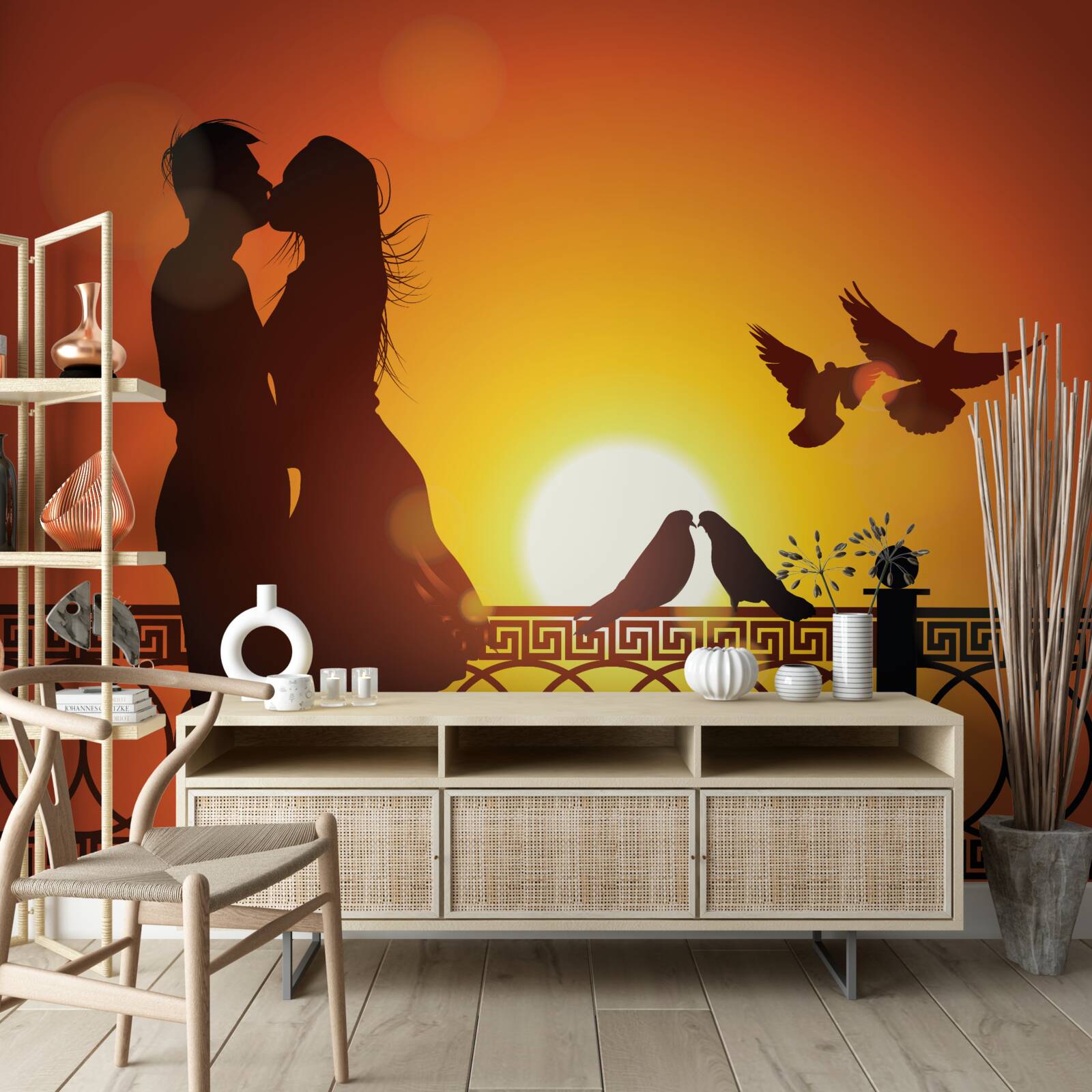 Papier peint les amoureux échangent des baisers sur fond de coucher de soleil