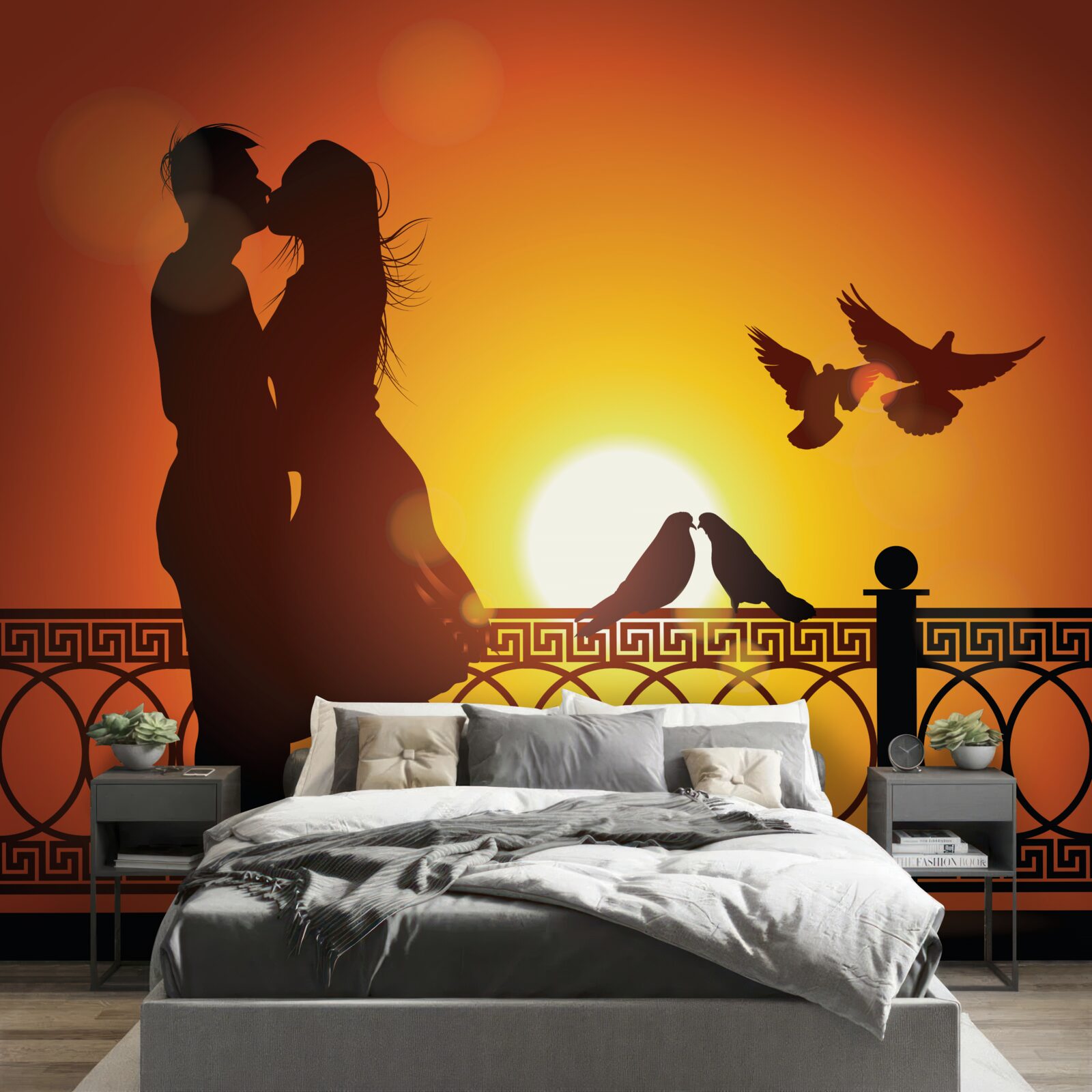 Papier peint les amoureux échangent des baisers sur fond de coucher de soleil