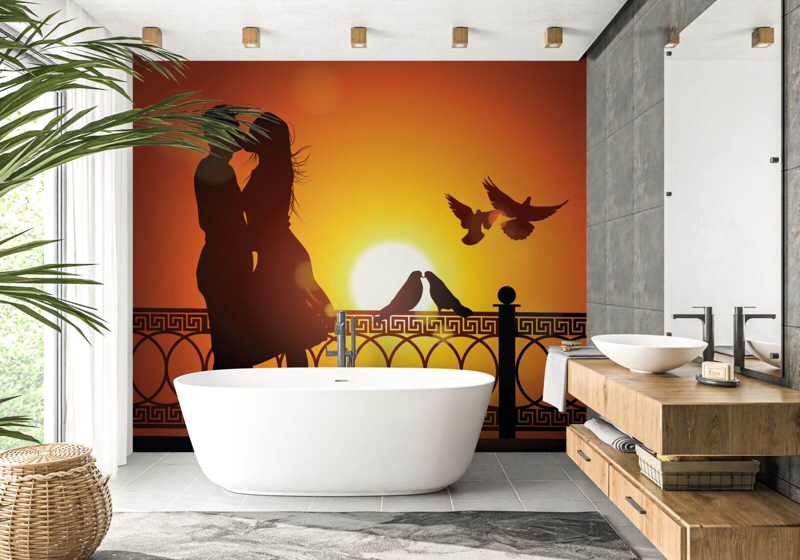 Papier peint les amoureux échangent des baisers sur fond de coucher de soleil