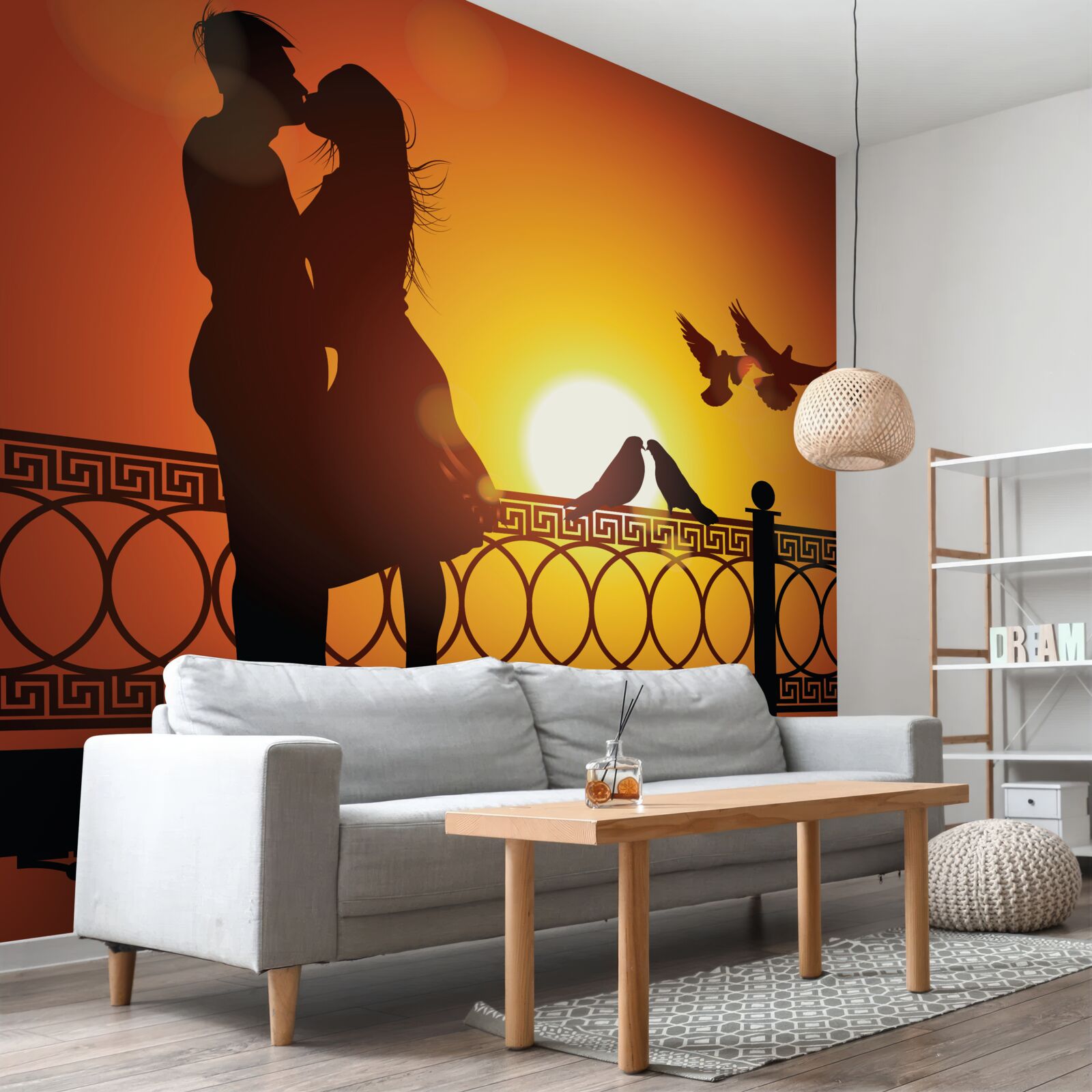 Papier peint les amoureux échangent des baisers sur fond de coucher de soleil