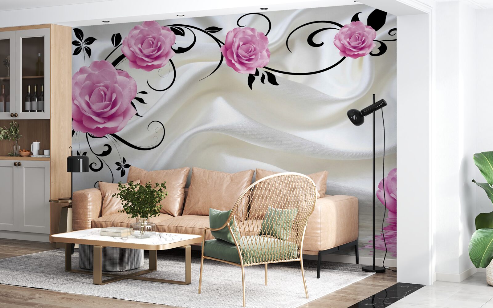 Papier peint bourgeons violets sur des branches de soie sombre