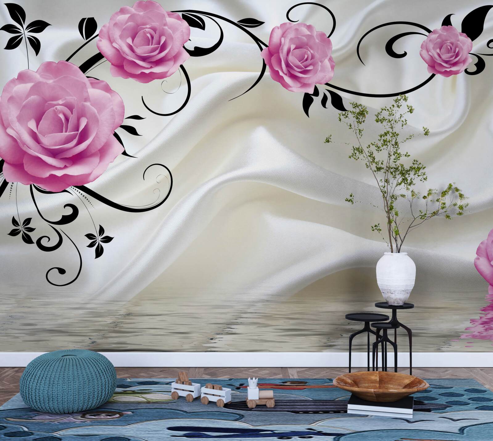 Papier peint bourgeons violets sur des branches de soie sombre