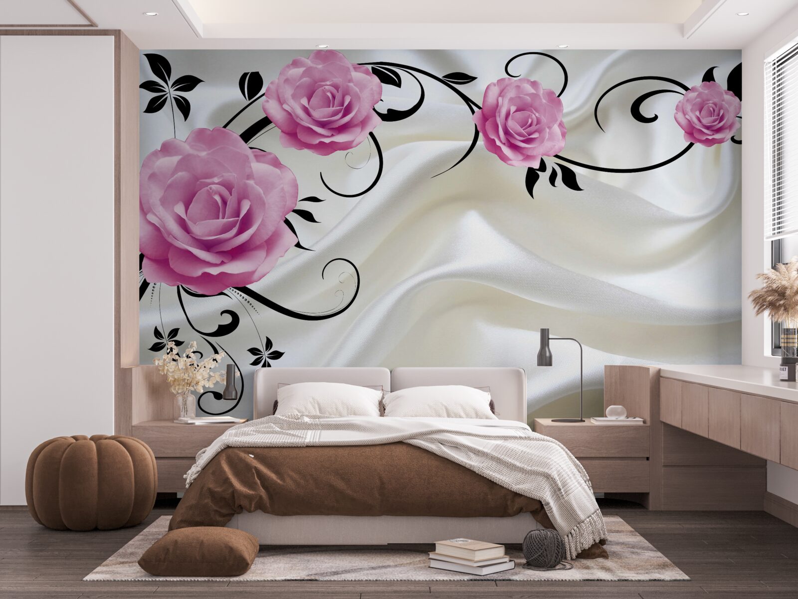 Papier peint bourgeons violets sur des branches de soie sombre