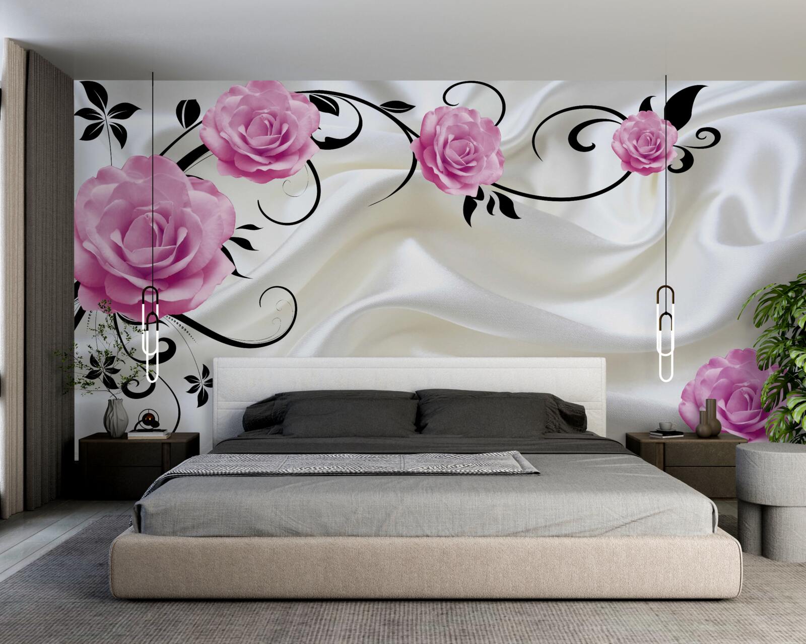 Papier peint bourgeons violets sur des branches de soie sombre