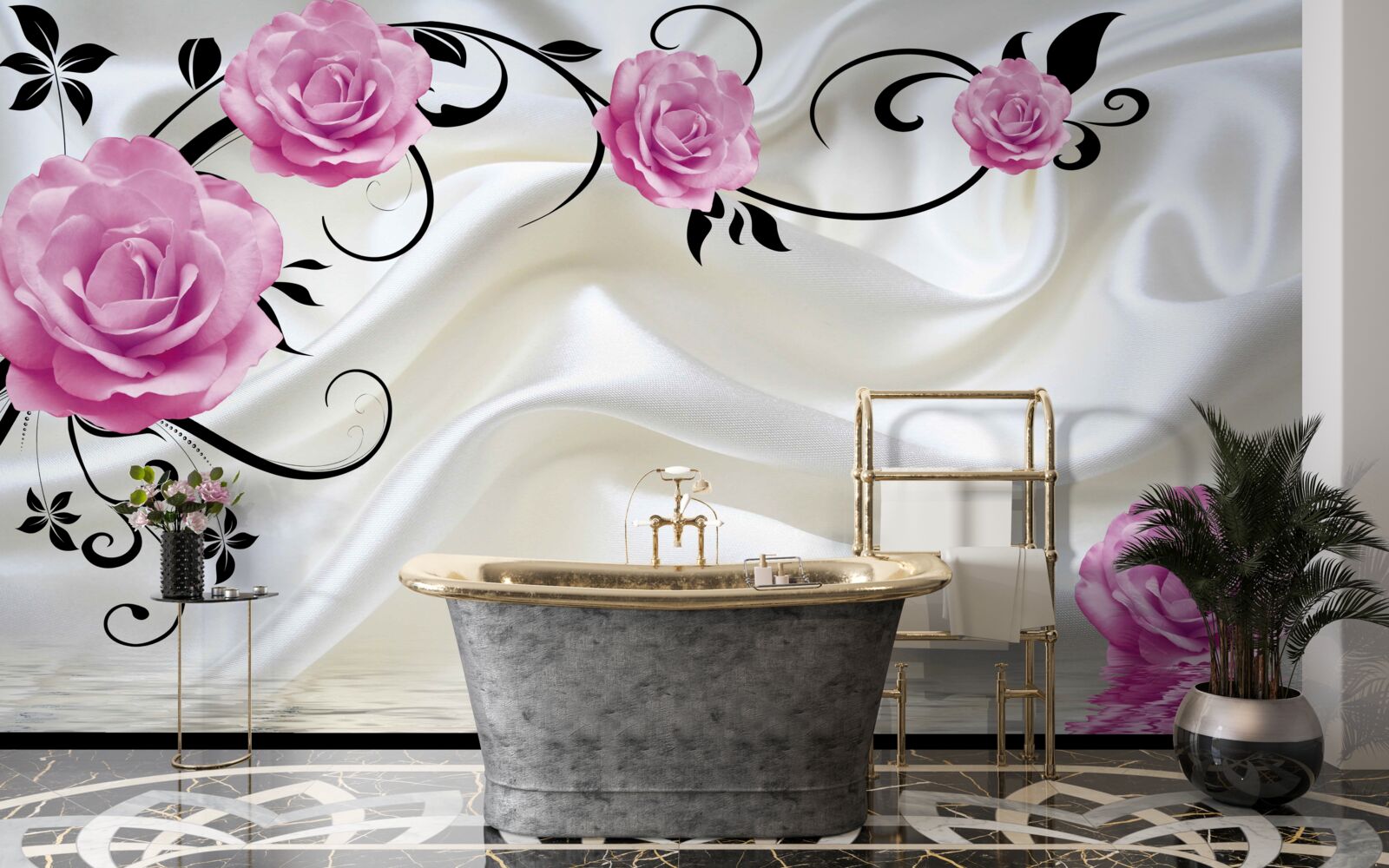 Papier peint bourgeons violets sur des branches de soie sombre