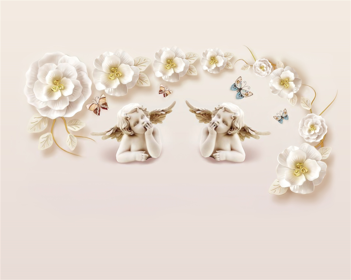 Papier peint composition de papillons et de bourgeons blancs