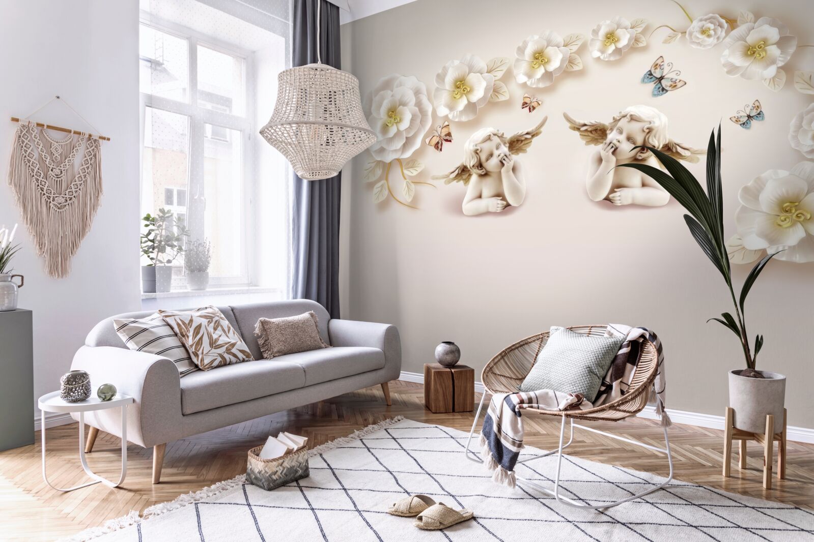 Papier peint composition de papillons et de bourgeons blancs