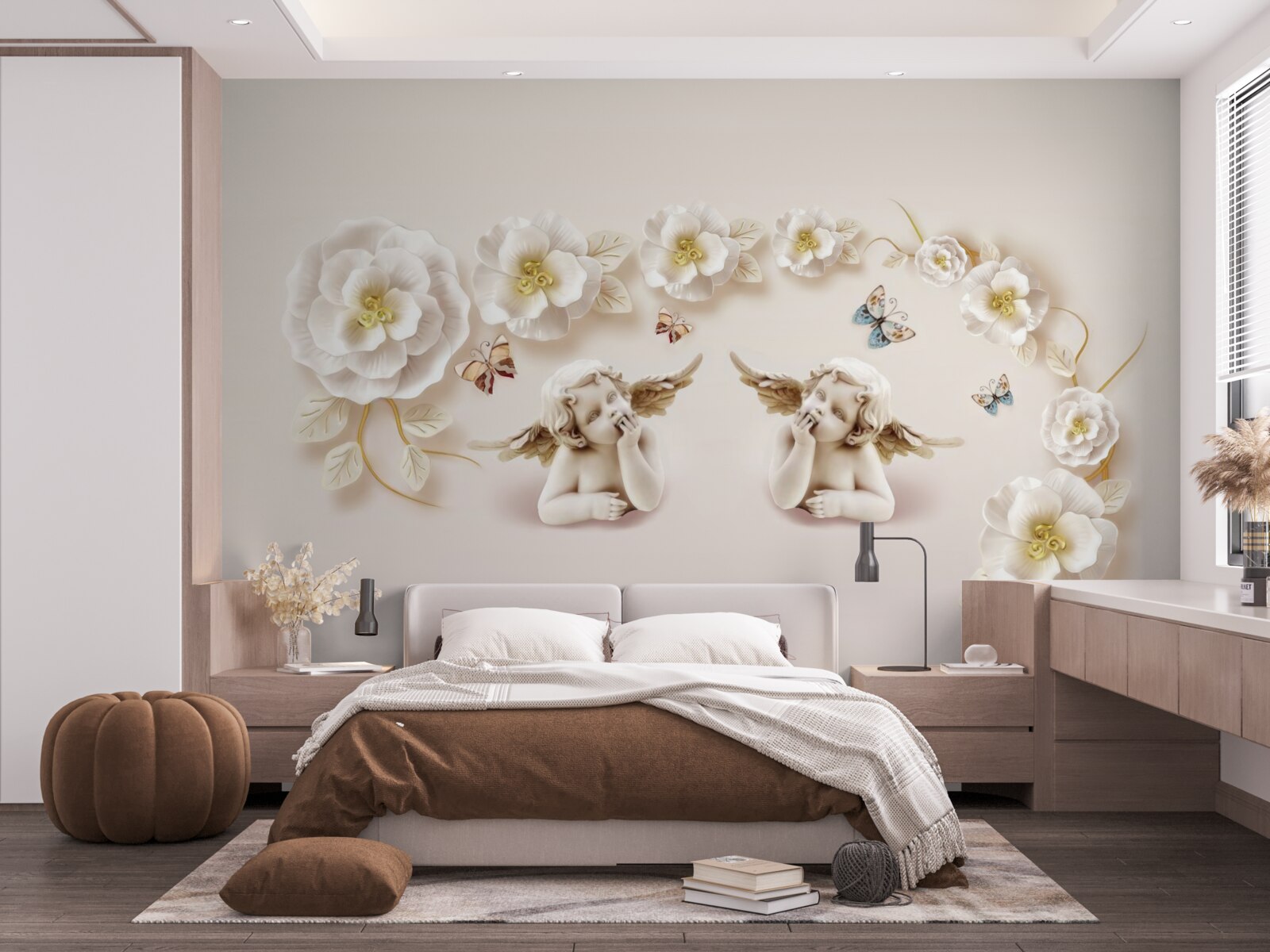 Papier peint composition de papillons et de bourgeons blancs