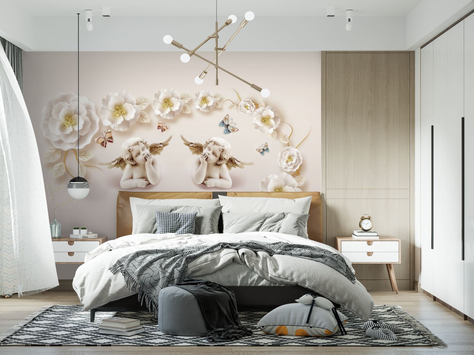 Papier peint composition de papillons et de bourgeons blancs