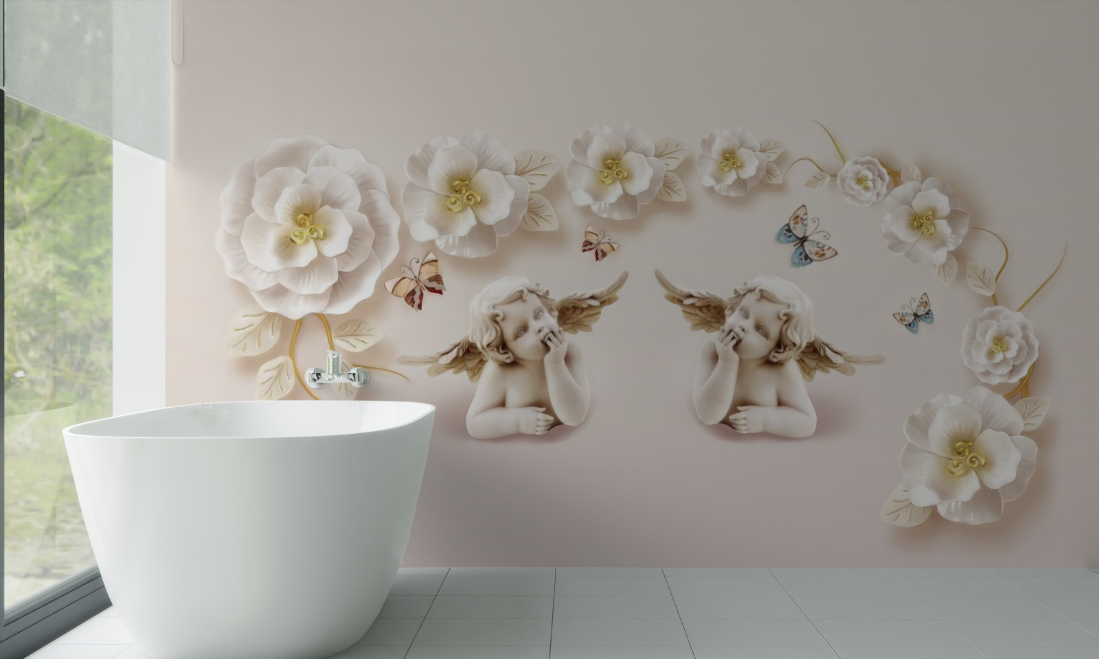 Papier peint composition de papillons et de bourgeons blancs