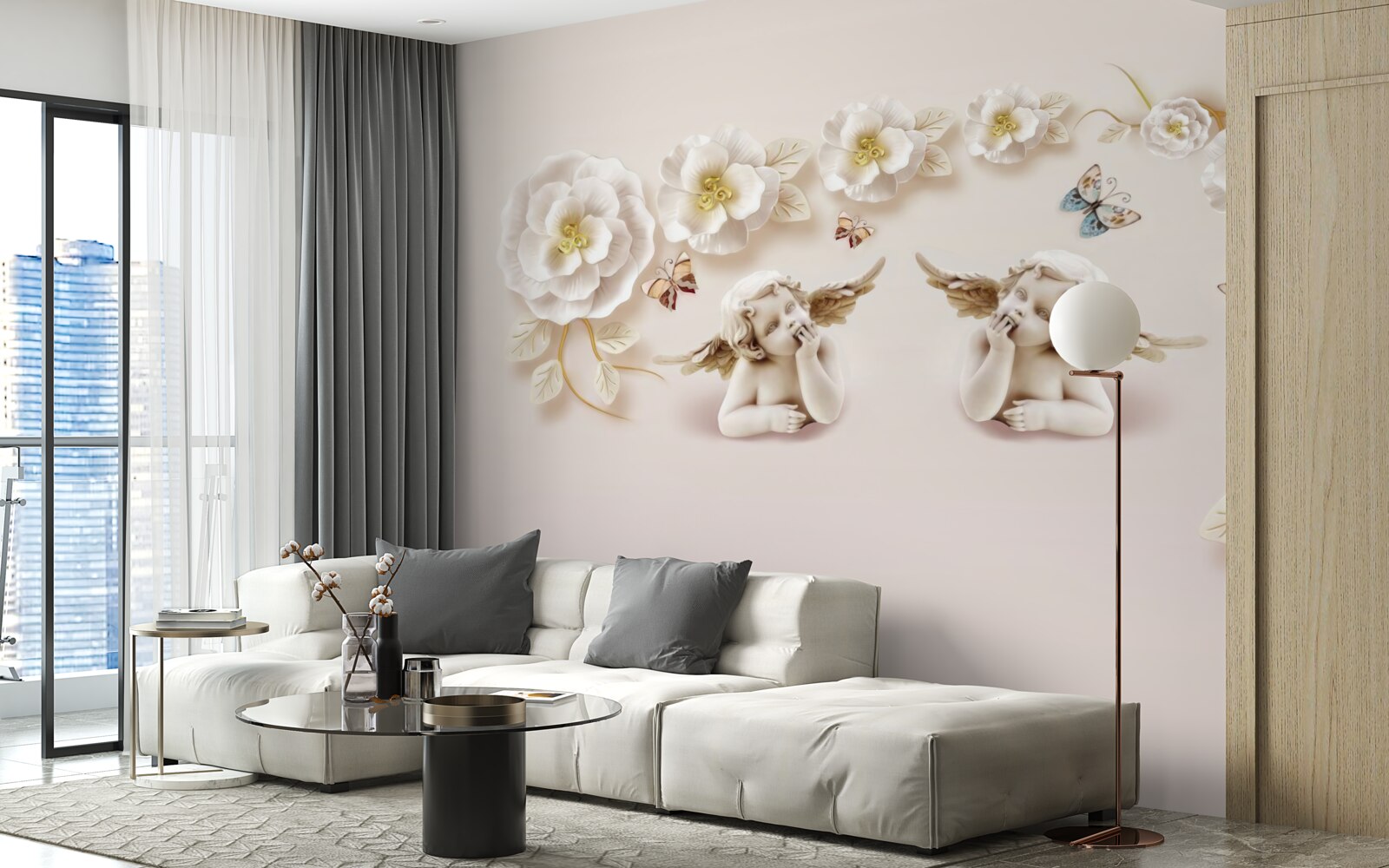 Papier peint composition de papillons et de bourgeons blancs