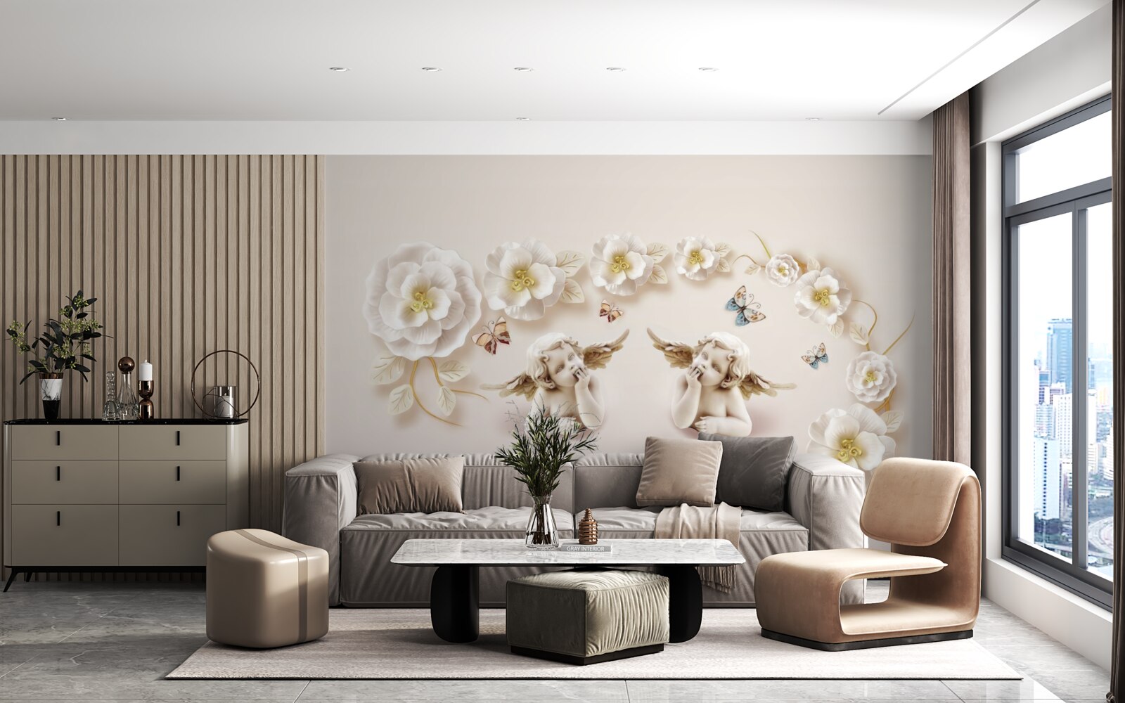 Papier peint composition de papillons et de bourgeons blancs