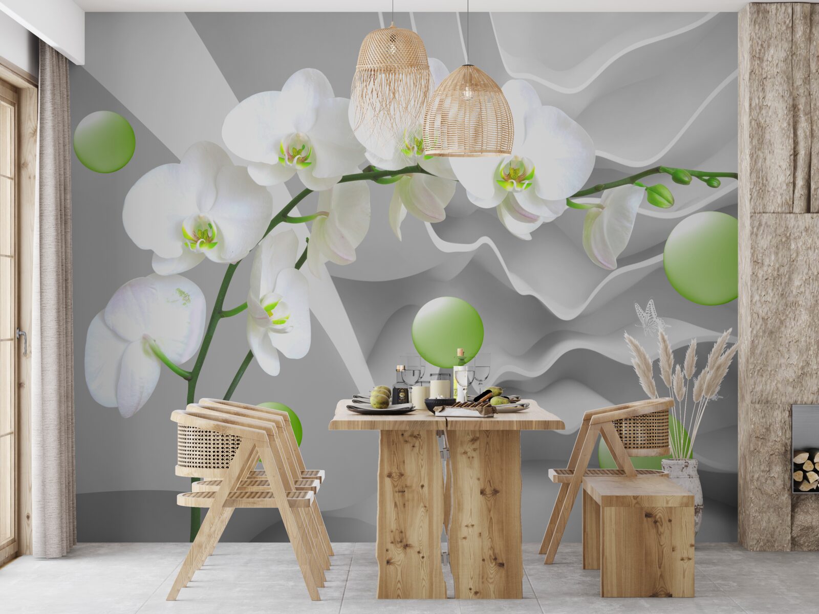 Papier peint secrètement des boules vertes flottantes et une orchidée pâle