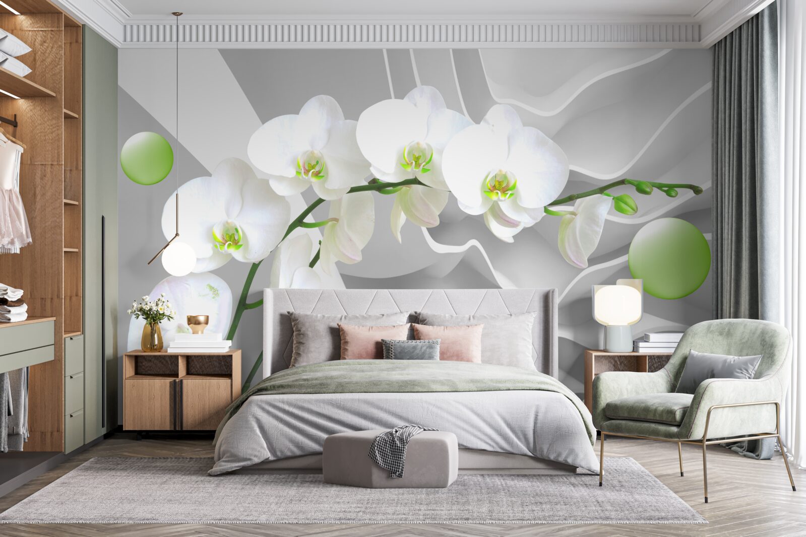 Papier peint secrètement des boules vertes flottantes et une orchidée pâle