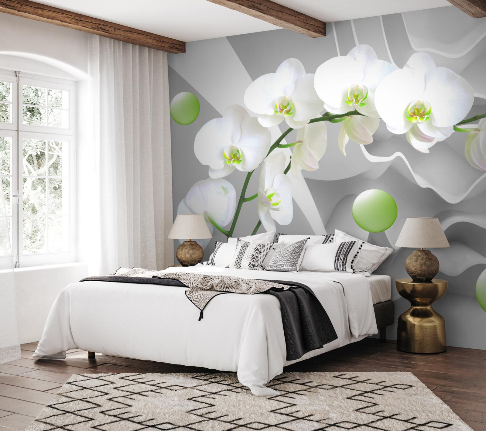 Papier peint secrètement des boules vertes flottantes et une orchidée pâle