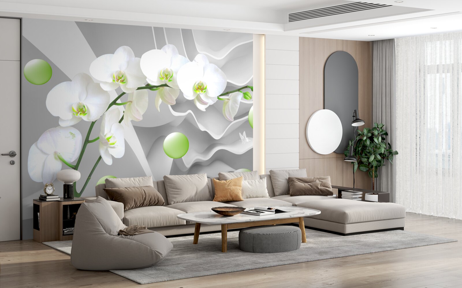 Papier peint secrètement des boules vertes flottantes et une orchidée pâle